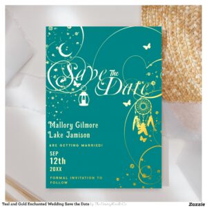 Teal and Gold Enchanted Wedding Save the Date Foil Invitation