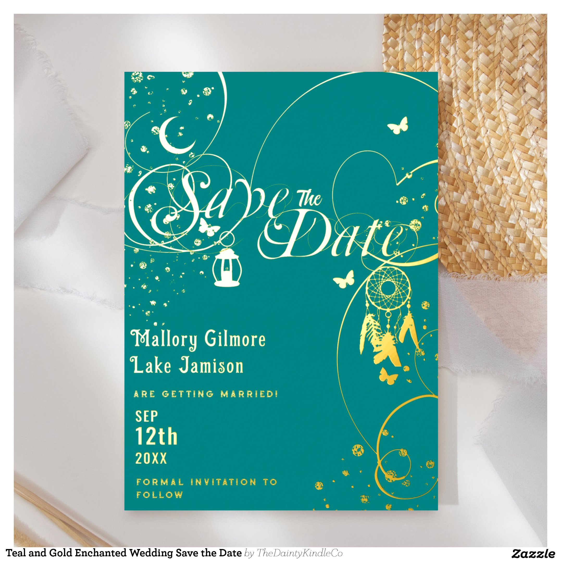 Teal and Gold Enchanted Wedding Save the Date Foil Invitation
