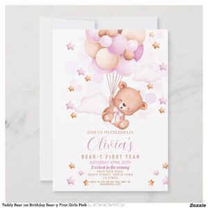 Teddy Bear 1st Birthday Bear-y First Girls Pink Invitation