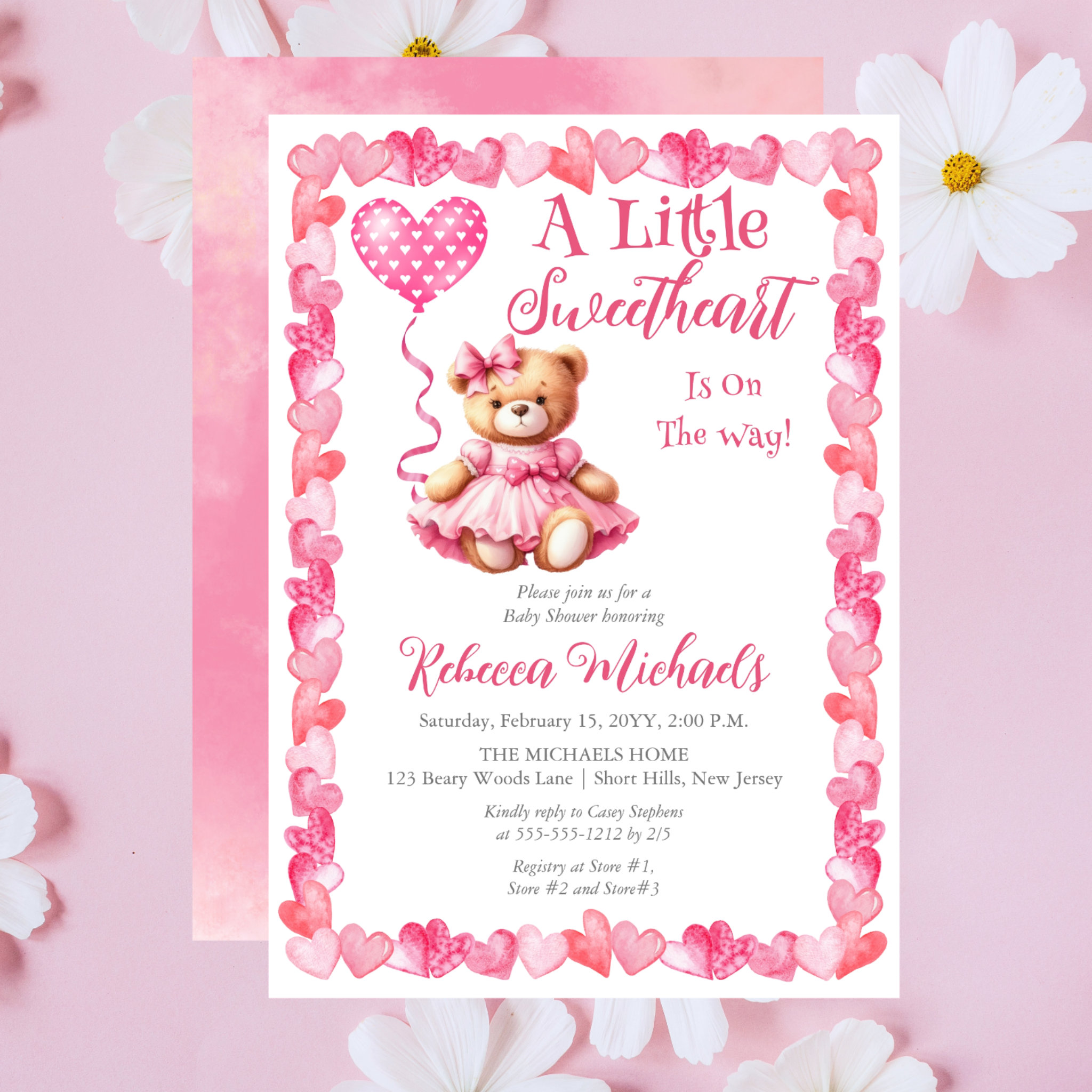 Teddy Bear A Little Sweetheart Girl Baby Shower Invitation