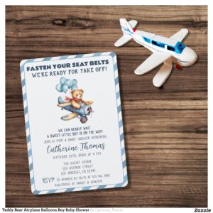 Teddy Bear Airplane Balloons Boy Baby Shower Invitation