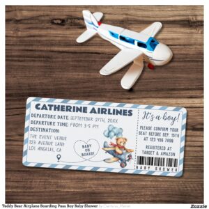 Teddy Bear Airplane Boarding Pass Boy Baby Shower Invitation