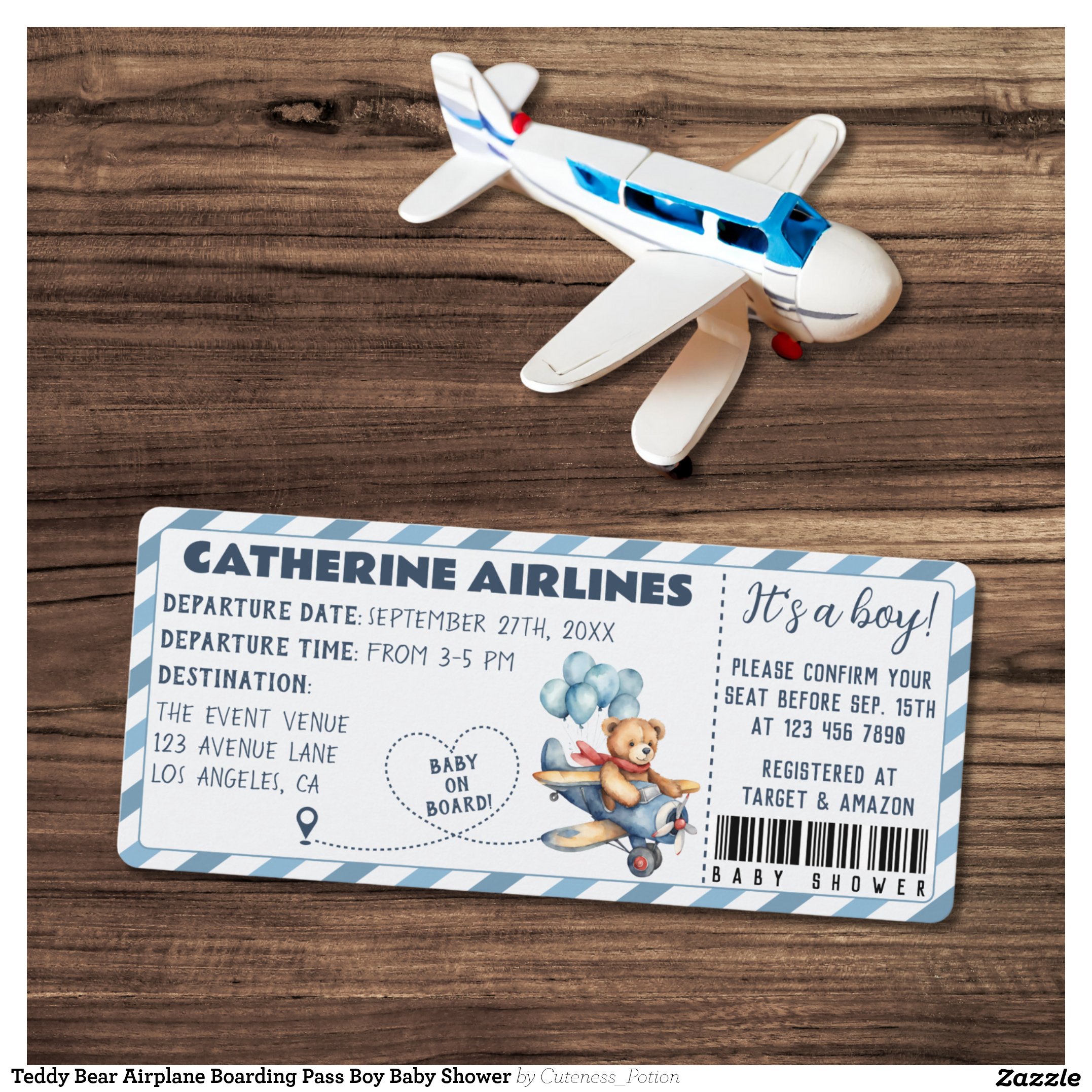 Teddy Bear Airplane Boarding Pass Boy Baby Shower Invitation