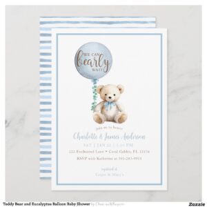 Teddy Bear and Eucalyptus Balloon Baby Shower Invitation