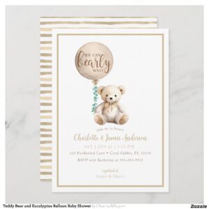 Teddy Bear and Eucalyptus Balloon Baby Shower Invitation