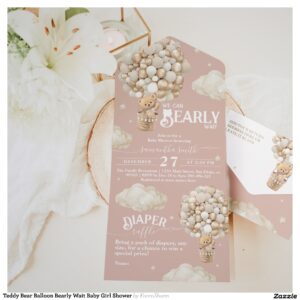 Teddy Bear Balloon Bearly Wait Baby Girl Shower All In One Invitation
