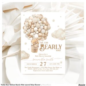 Teddy Bear Balloon Bearly Wait neutral Baby Shower Invitation