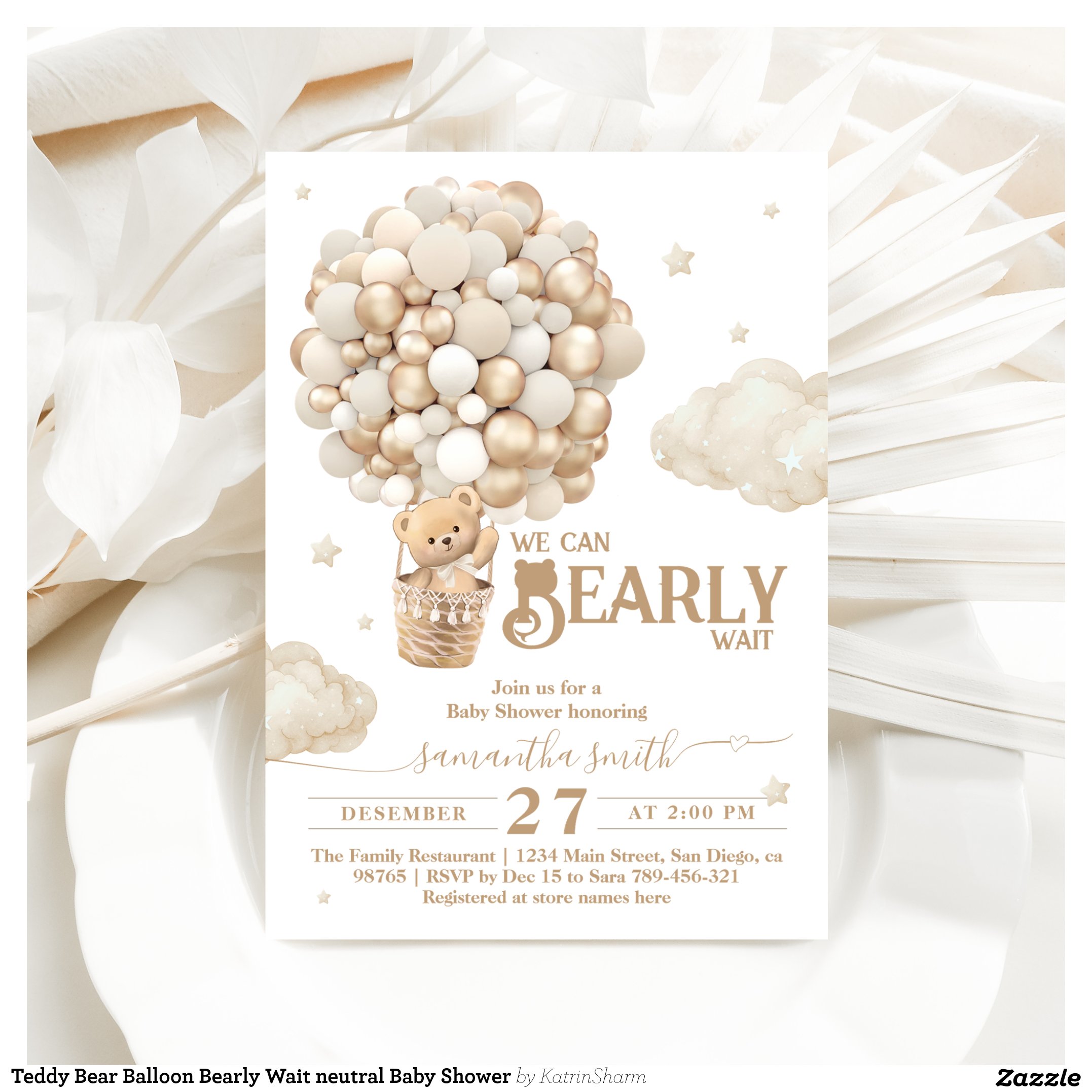 Teddy Bear Balloon Bearly Wait neutral Baby Shower Invitation