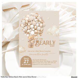 Teddy Bear Balloon Bearly Wait neutral Baby Shower Invitation