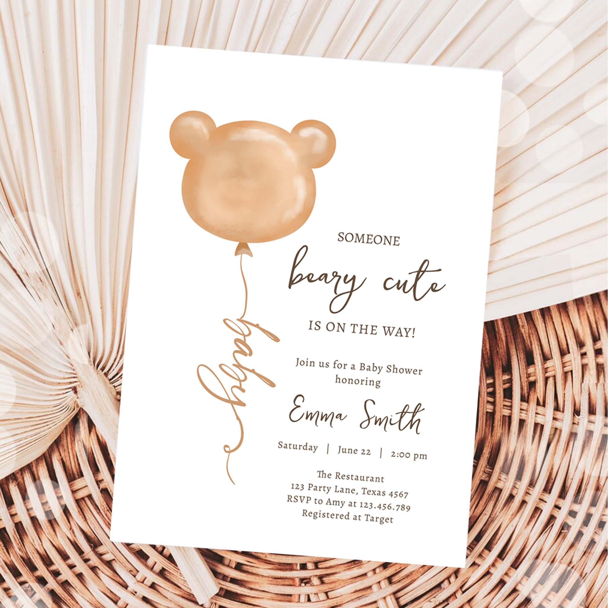 Teddy Bear Balloon Beary Cute Boho Baby Shower Invitation