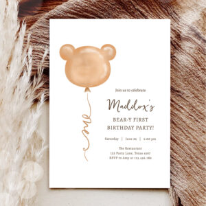 Teddy Bear Balloon Beary First Birthday Party Invitation