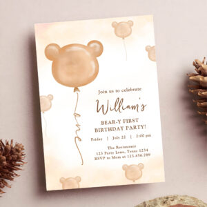 Teddy Bear Balloon Beary First Birthday Party Invitation