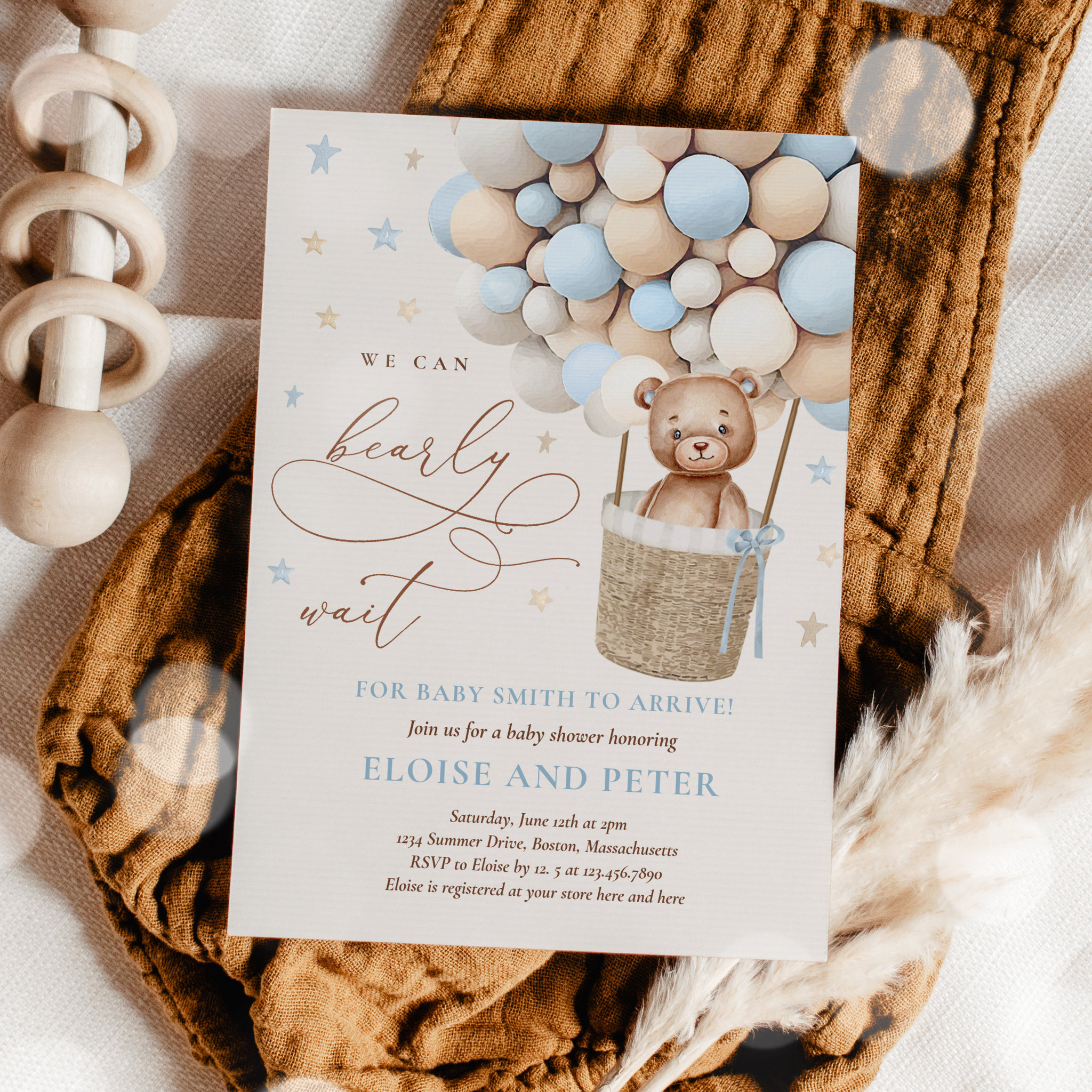 Teddy Bear Balloon Boy Bearly Wait Baby Shower Invitation