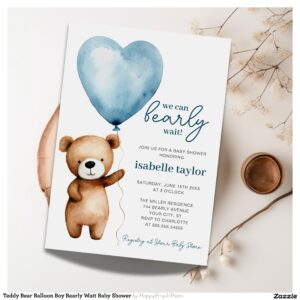 Teddy Bear Balloon Boy Bearly Wait Baby Shower Invitation
