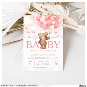 Teddy Bear Balloon Girl Baby Shower Invitation
