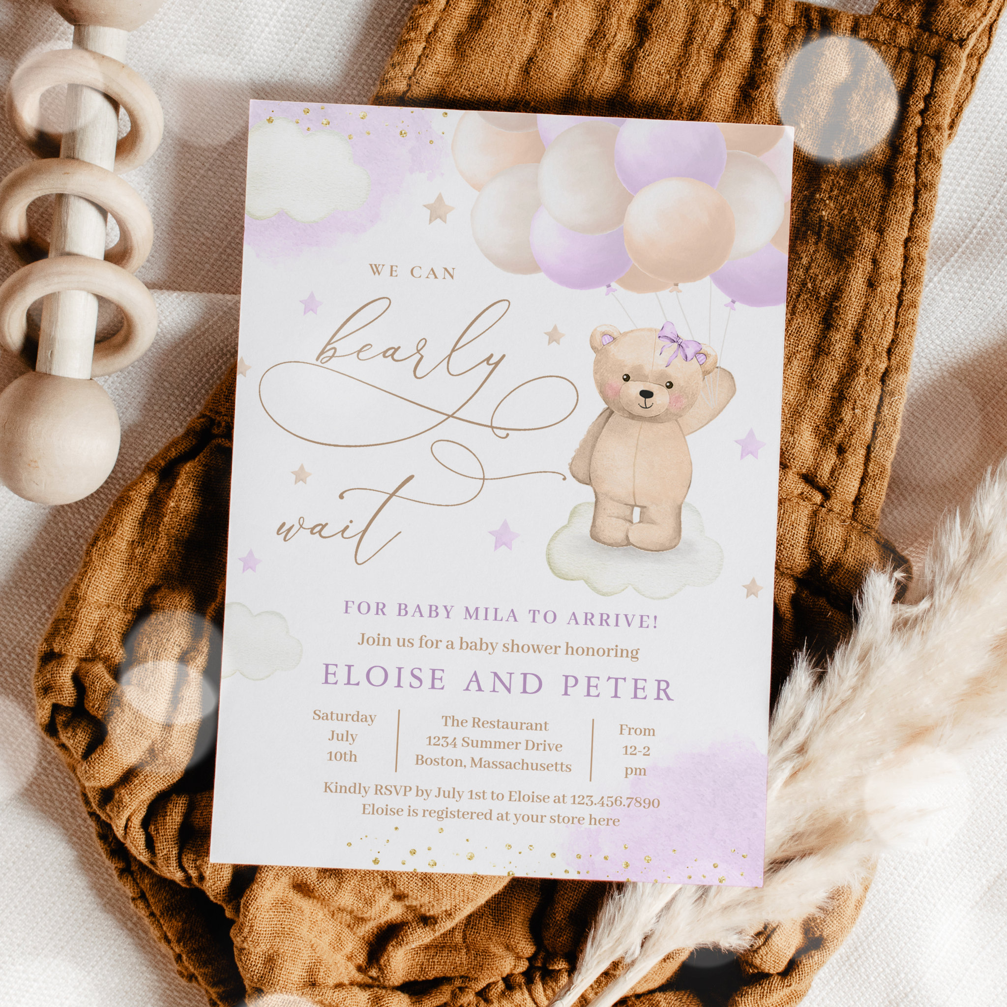 Teddy Bear Balloon Girl Bearly Wait Baby Shower Invitation