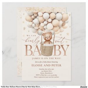Teddy Bear Balloon Neutral Bearly Wait Baby Shower Invitation
