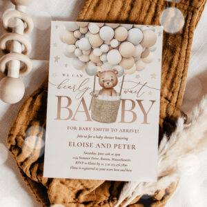 Teddy Bear Balloon Neutral Bearly Wait Baby Shower Invitation