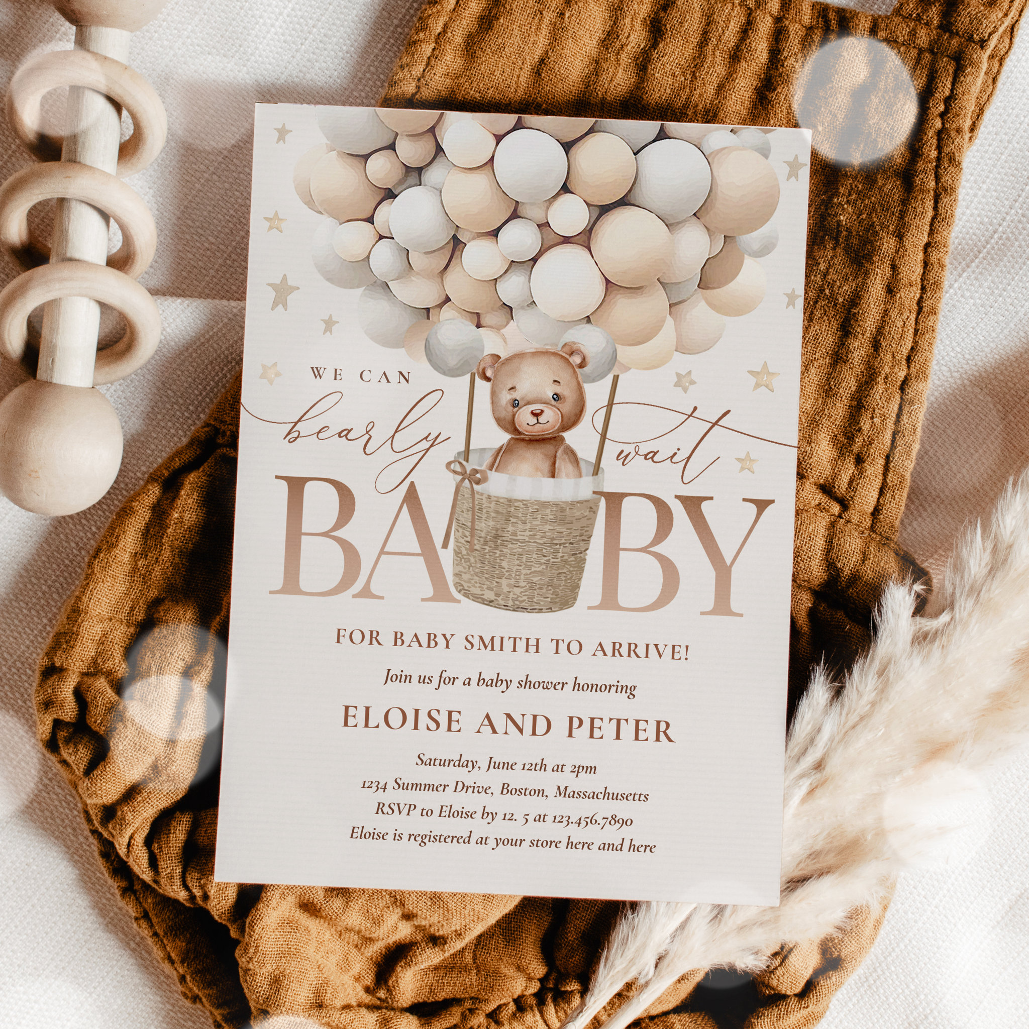 Teddy Bear Balloon Neutral Bearly Wait Baby Shower Invitation