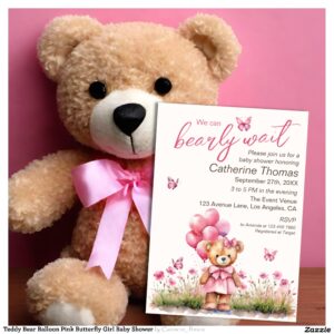 Teddy Bear Balloon Pink Butterfly Girl Baby Shower Invitation