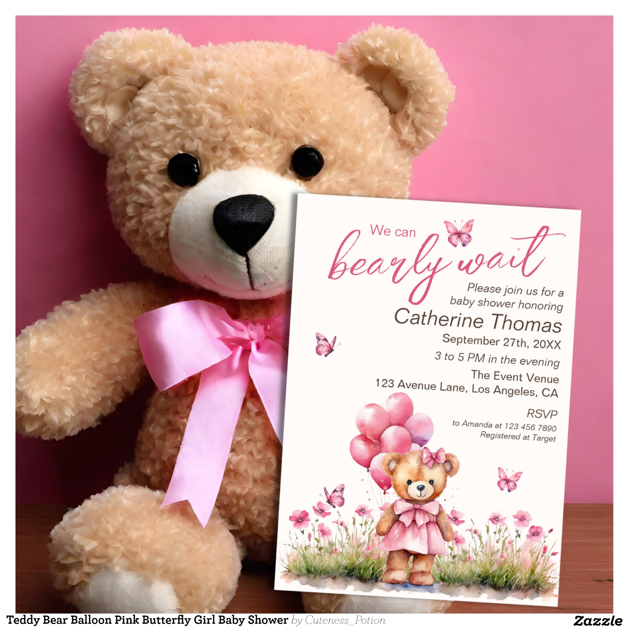 Teddy Bear Balloon Pink Butterfly Girl Baby Shower Invitation