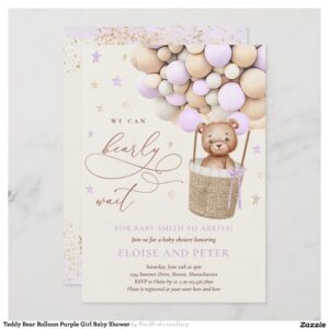 Teddy Bear Balloon Purple Girl Baby Shower Invitation