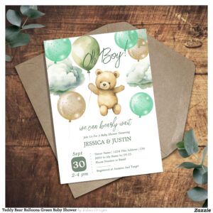 Teddy Bear Balloons Green Baby Shower Invitation