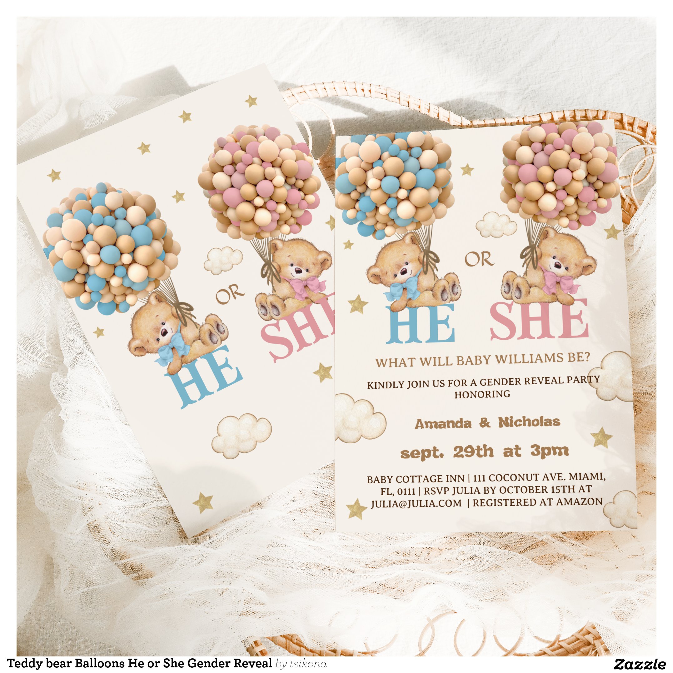 Teddy bear Balloons He or She Gender Reveal Invitation