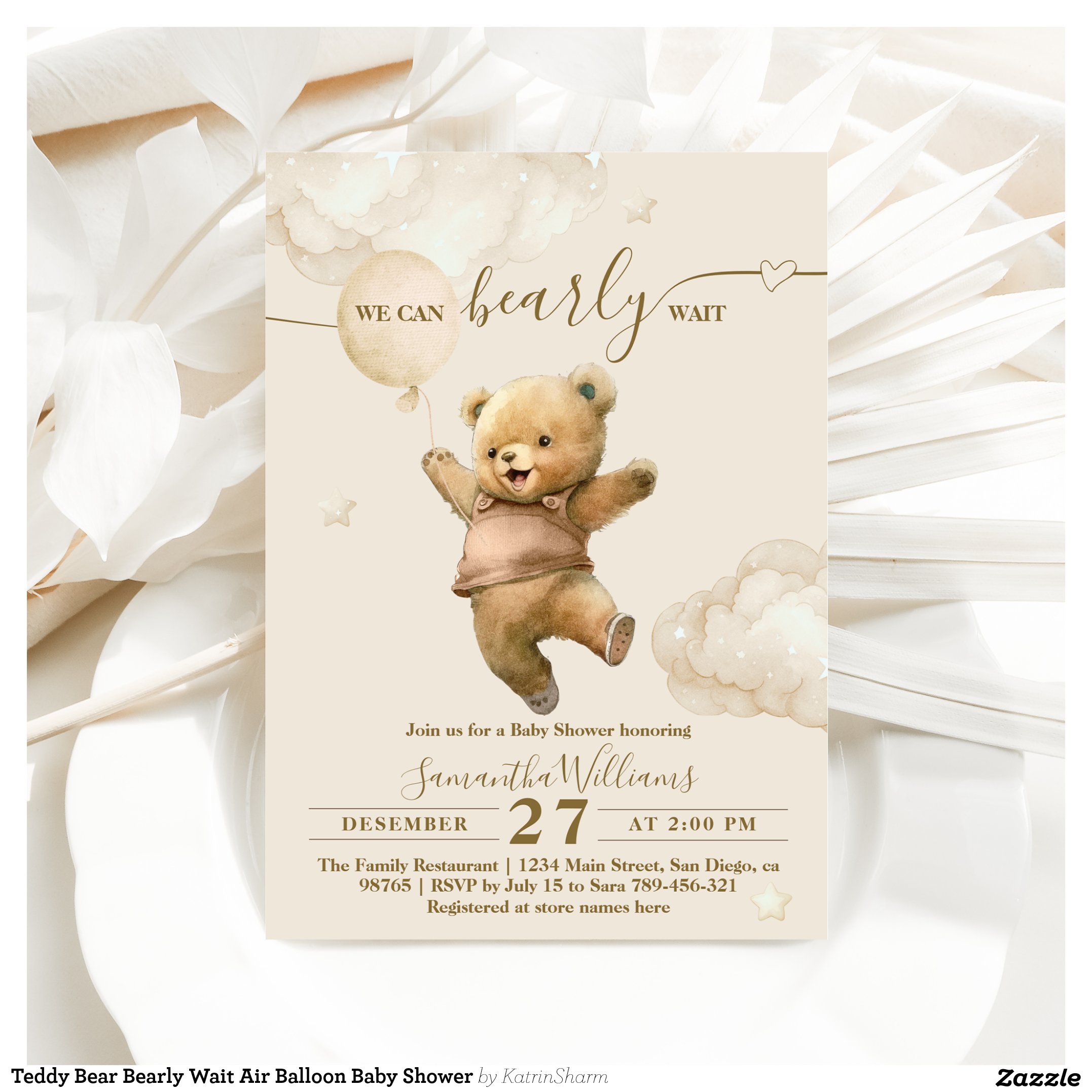 Teddy Bear Bearly Wait Air Balloon Baby Shower Invitation