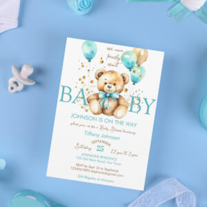 Teddy bear bearly wait aqua blue brown baby shower invitation