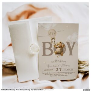 Teddy Bear Bearly Wait Balloon Baby Boy Shower Inv Invitation