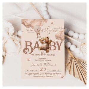 Teddy Bear Bearly Wait Balloon girl Baby Shower Invitation