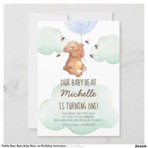 Teddy Bear Bees Baby Bear 1st Birthday Invitation