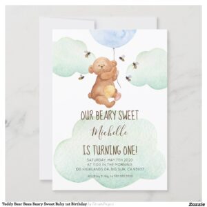 Teddy Bear Bees Beary Sweet Baby 1st Birthday Invitation