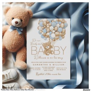Teddy Bear Blue Balloon Baby Boy Shower Invitation