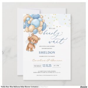 Teddy Bear Blue Balloons Baby Shower Invitation