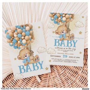 Teddy Bear Blue Balloons Baby Shower	 Invitation