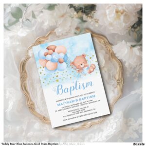 Teddy Bear Blue Balloons Gold Stars Baptism Invitation