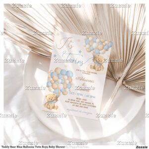 Teddy Bear Blue Balloons Twin Boys Baby Shower Invitation