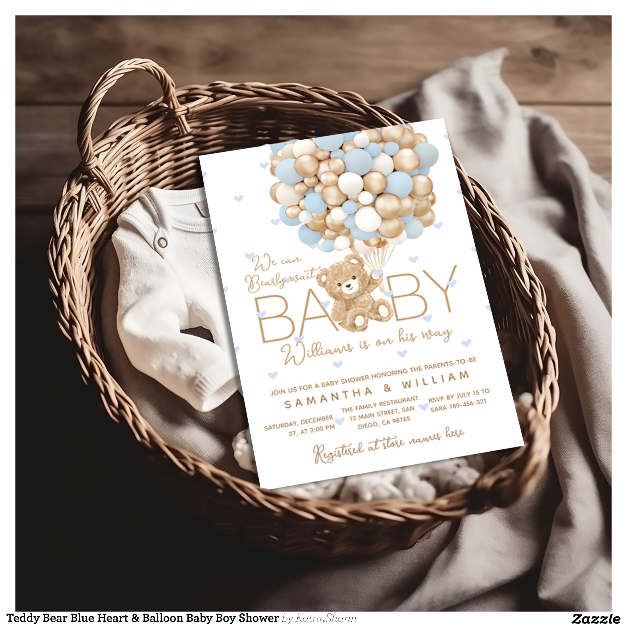 Teddy Bear Blue Heart & Balloon Baby Boy Shower Invitation