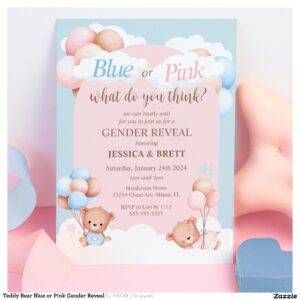 Teddy Bear Blue or Pink Gender Reveal Invitation