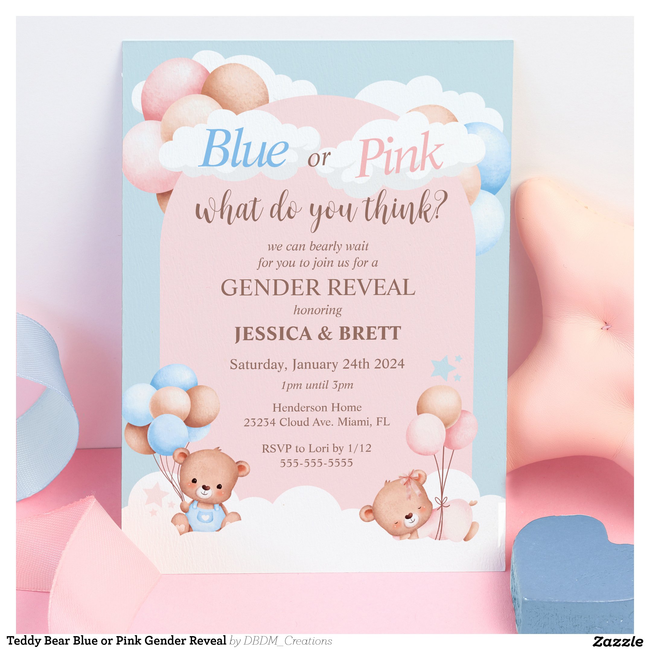 Teddy Bear Blue or Pink Gender Reveal Invitation