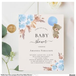 Teddy bear blue pampas floral boy Baby Shower