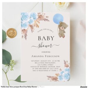 Teddy bear blue pampas floral boy Baby Shower Invitation