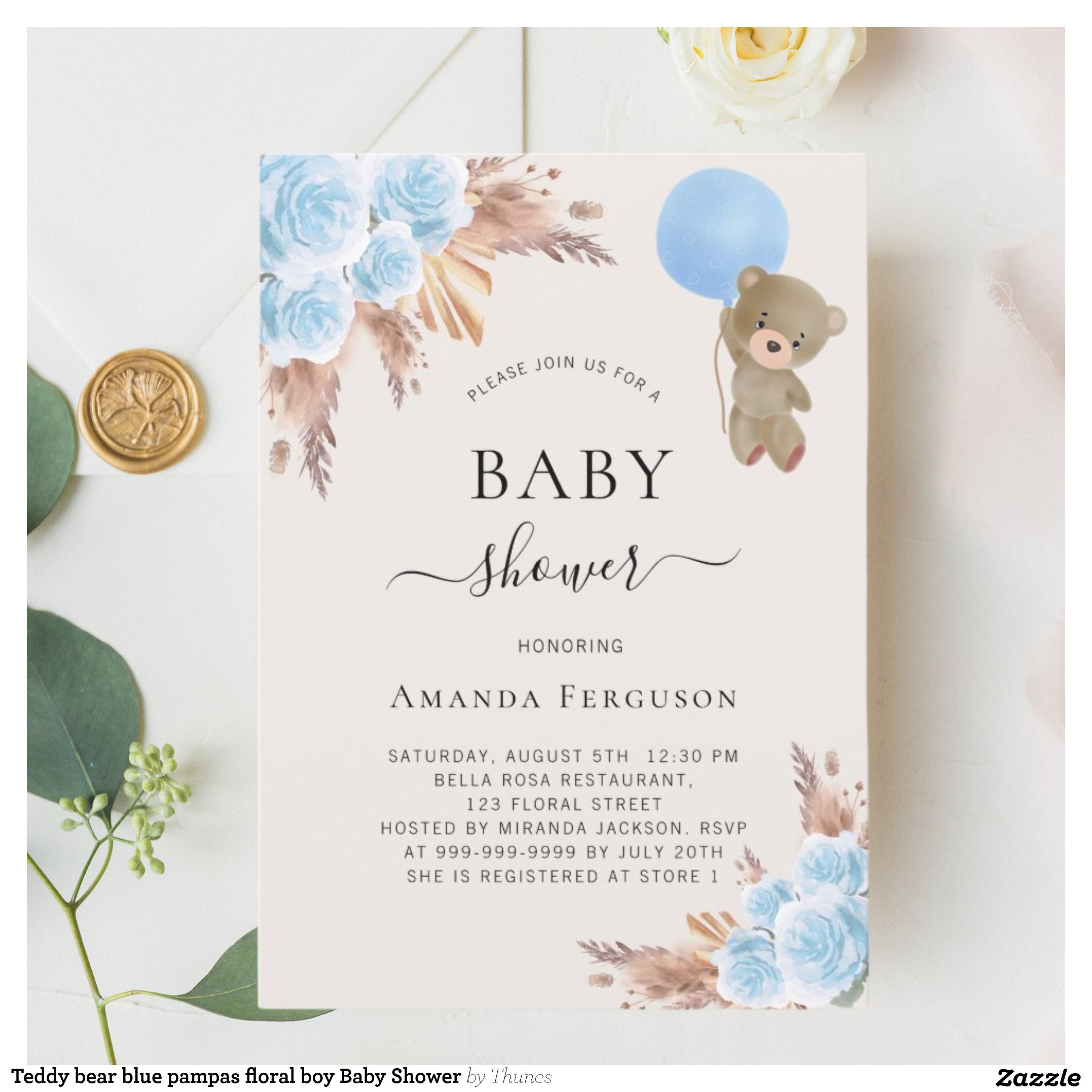 Teddy bear blue pampas floral boy Baby Shower Invitation