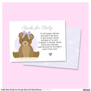 Teddy Bear Books for Purple Baby Girl Baby Shower Enclosure Card