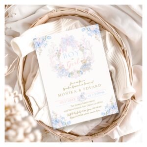 Teddy Bear Bow Floral Boy or Girl Gender Reveal Invitation