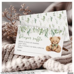 Teddy Bear Bow Greenery Baby Shower Diaper Raffle Enclosure Card