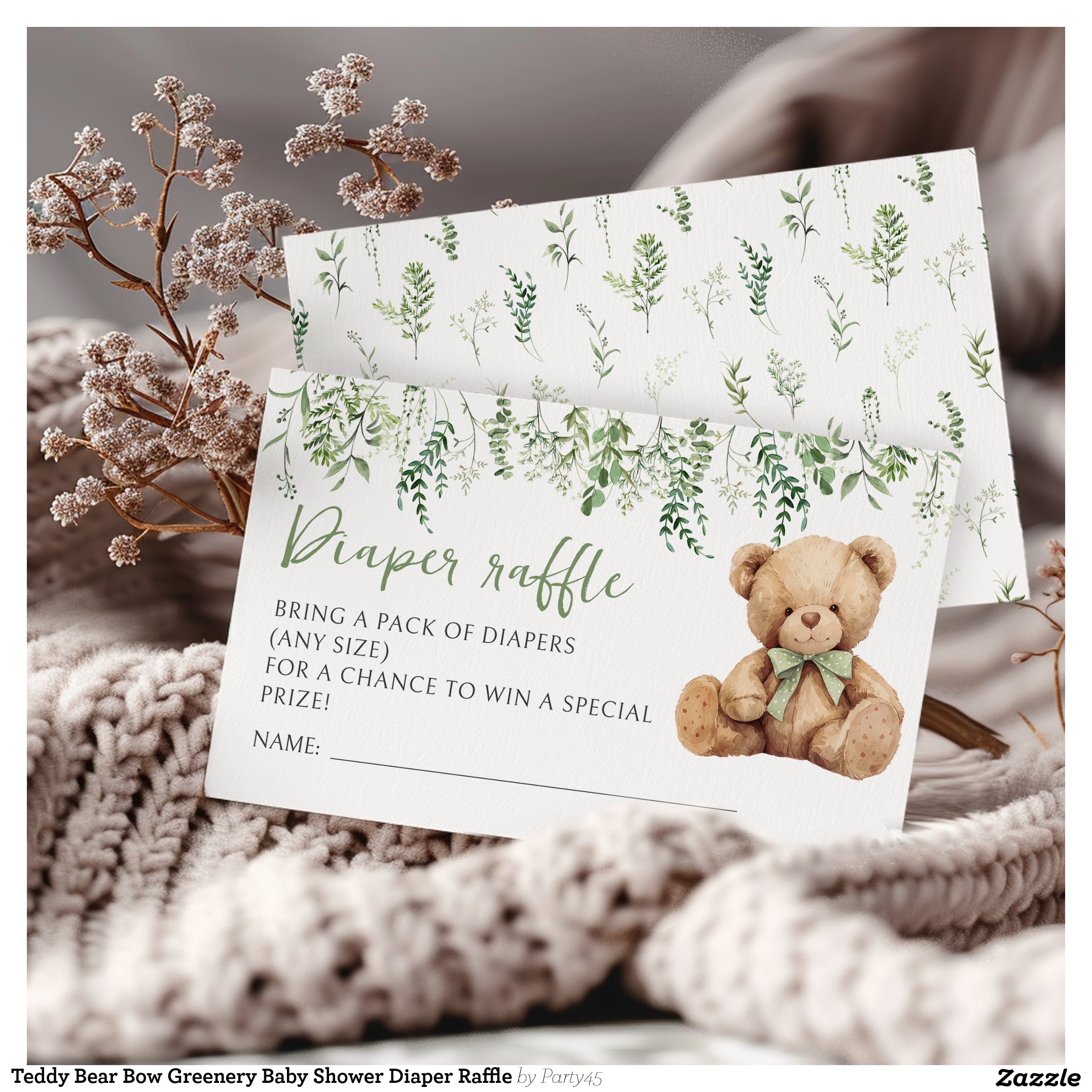Teddy Bear Bow Greenery Baby Shower Diaper Raffle Enclosure Card
