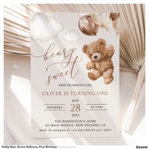 Teddy Bear, Brown Balloons, First Birthday Invitation